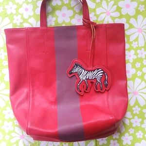 Saks Fifth Avenue Red Faux Leather Tote Bag with Zebra Charm